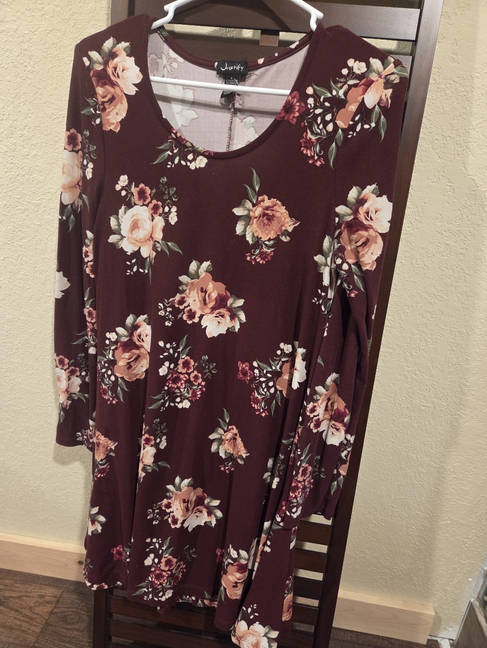 Justify Floral Swing Dress - Burgundy with Peach and Cream Blooms